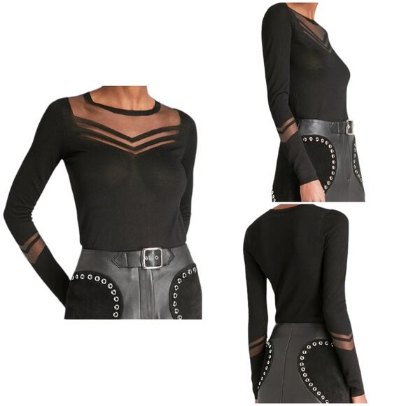 MAJE Tibi mesh paneled stretch lightweight knit sweater black top Sz 1 Small NEW - Picture 8 of 8